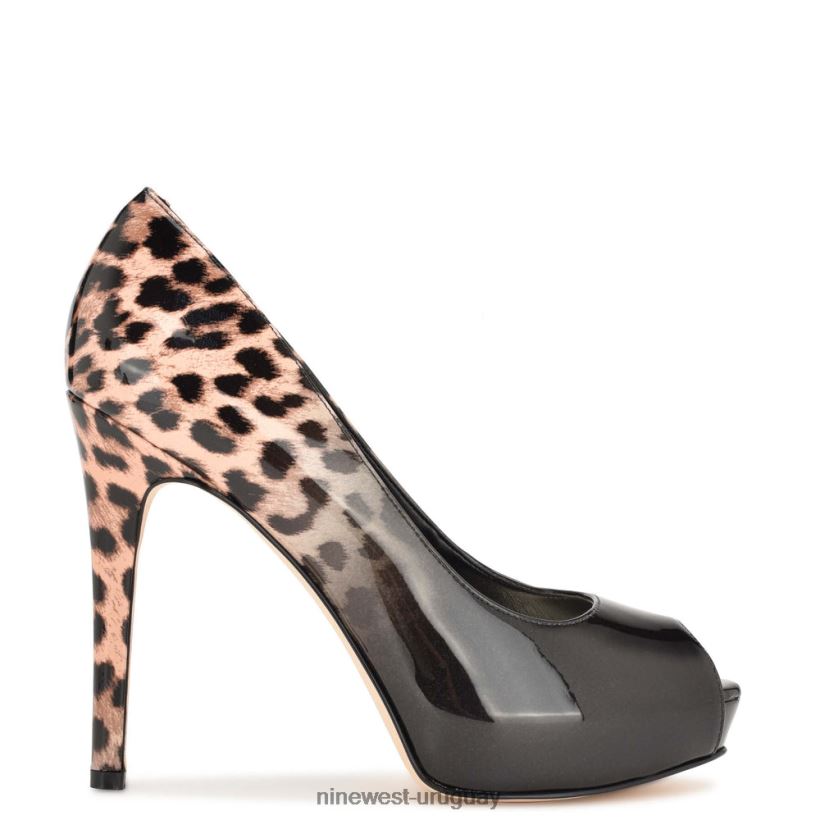 BD04221309 Nine West zapatos de tacón peep toe con plataforma hethr charol ombre leopardo negro